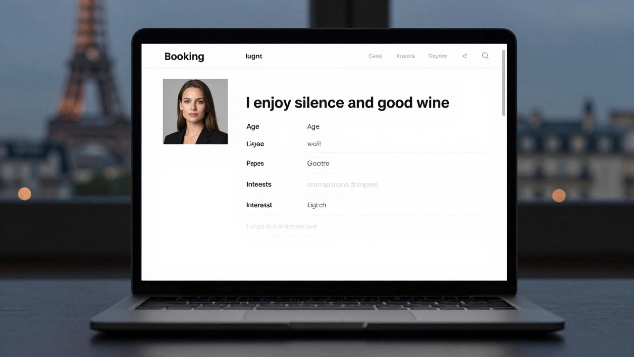 A professional escort profile on a laptop screen, listing languages and interests with no photos or hype.